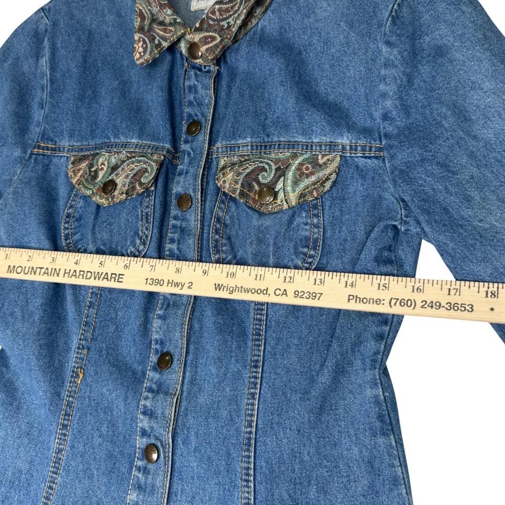 Vintage Paris Blues Denim‎ Maxi Dress Paisley Trim Western Button Front USA  7 - Picture 7 of 14
